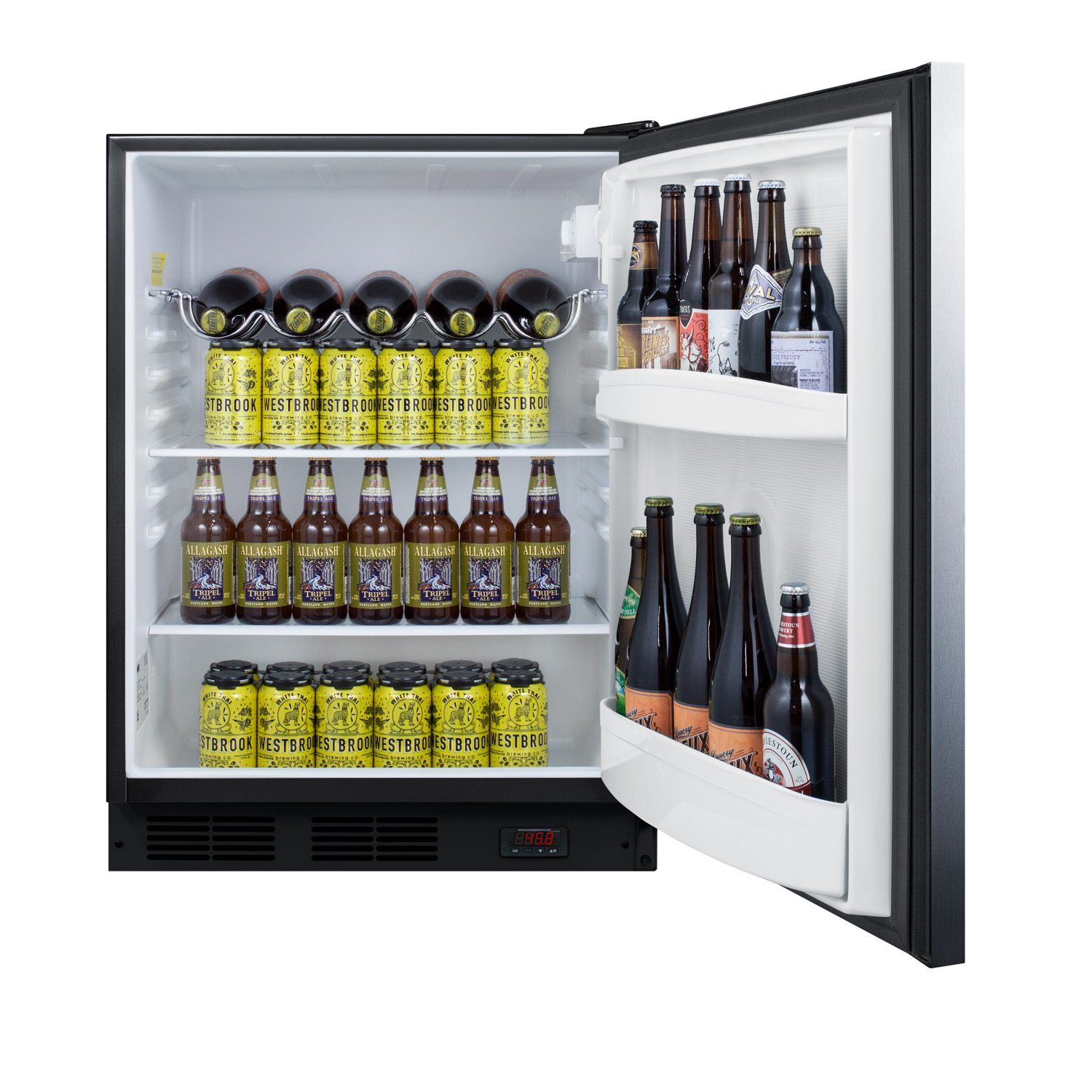 Built-in undercounter ADA compliant craft beer Pub Cellar with black cabinet, stainless steel door, horizontal handle, digital thermostat, and deluxe interior